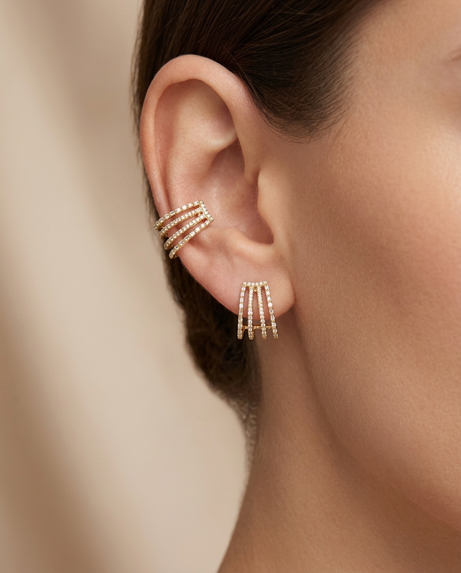 14KT Gold Diamond Earrings on model