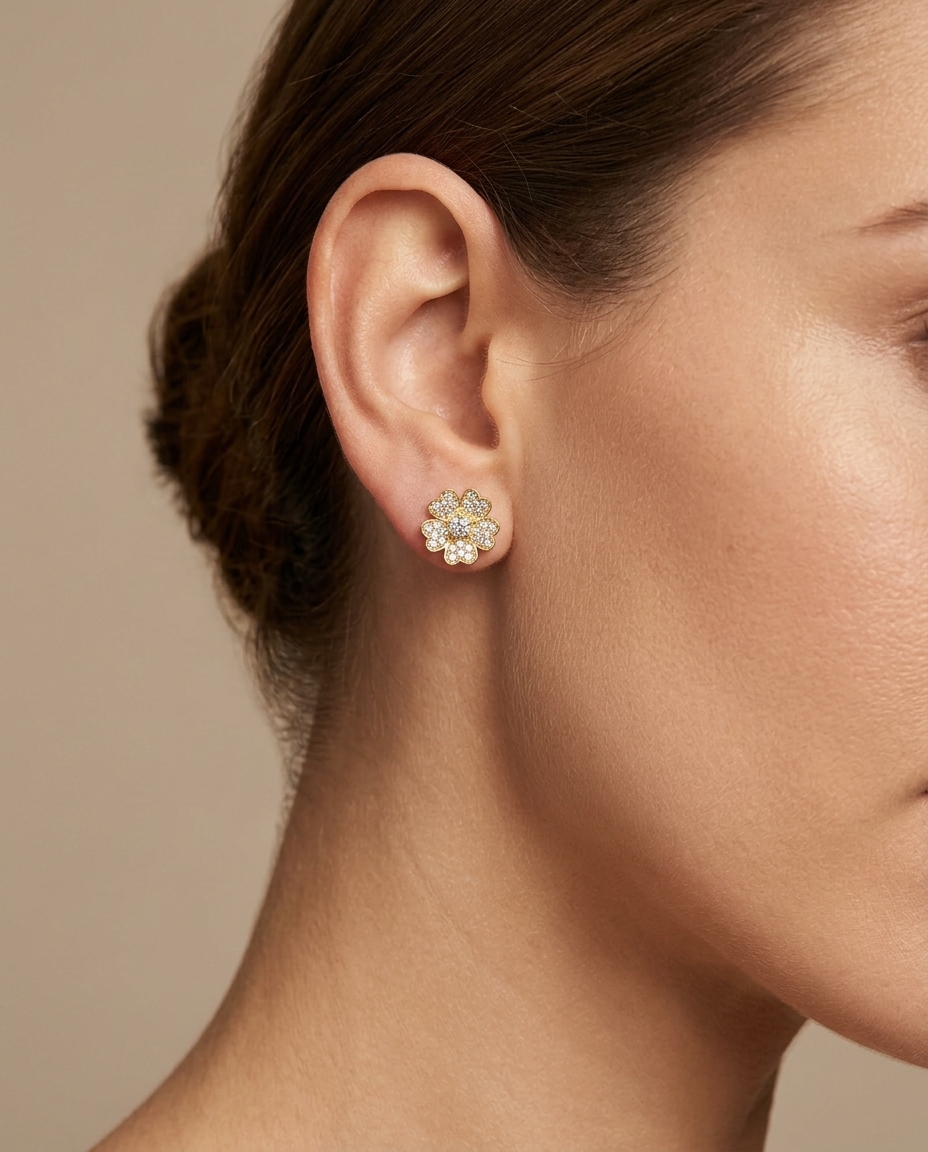 14KT Gold Diamond Flower Earring view 2