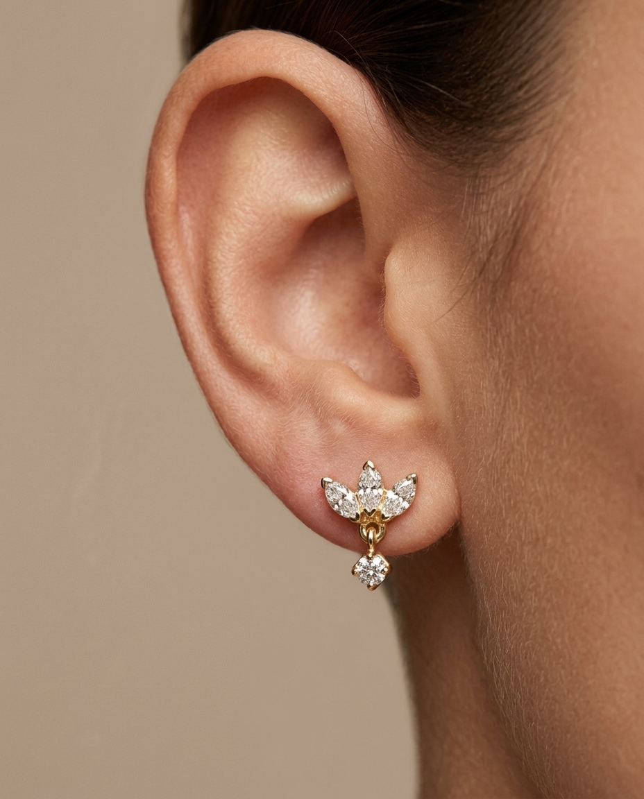14KT Gold Marquise Diamond Earring on model