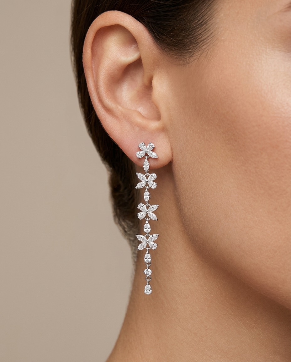 14KT White Gold Marquise Diamond Earring on model