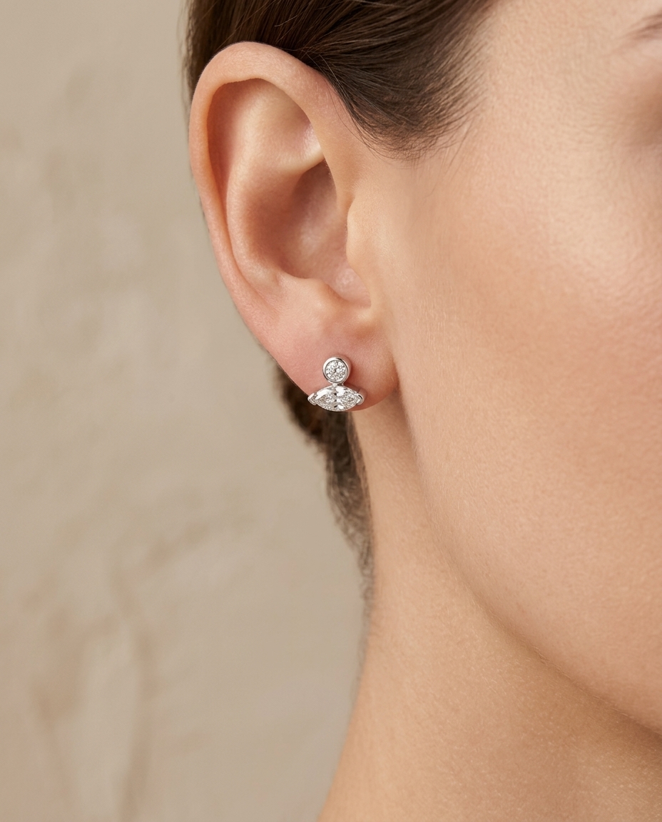 14KT White Gold Bezeled Diamond and Marquise Diamond Earring view 2