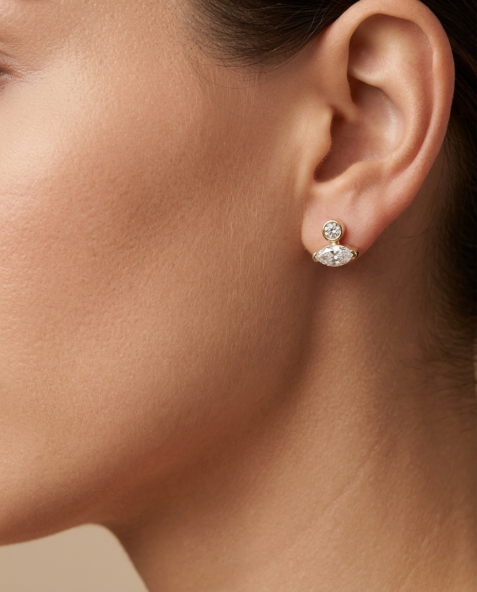 14KT Yellow Gold Bezeled Diamond and Marquise Diamond Earring view 2