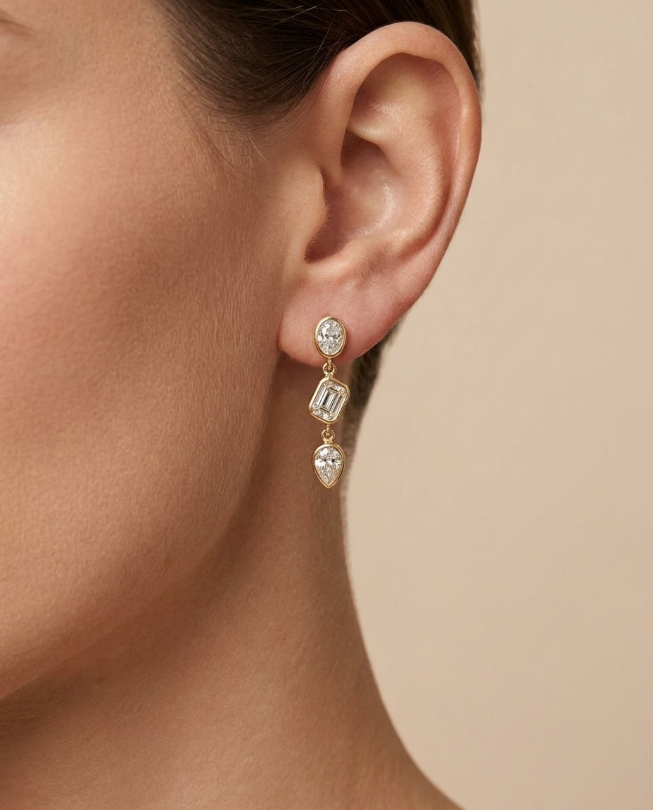 14KT Gold Diamond Dangling Earring on model