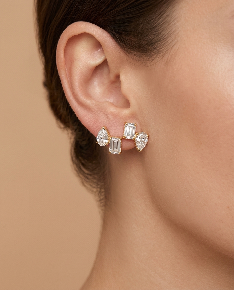 14KT Gold Diamond Earring on model