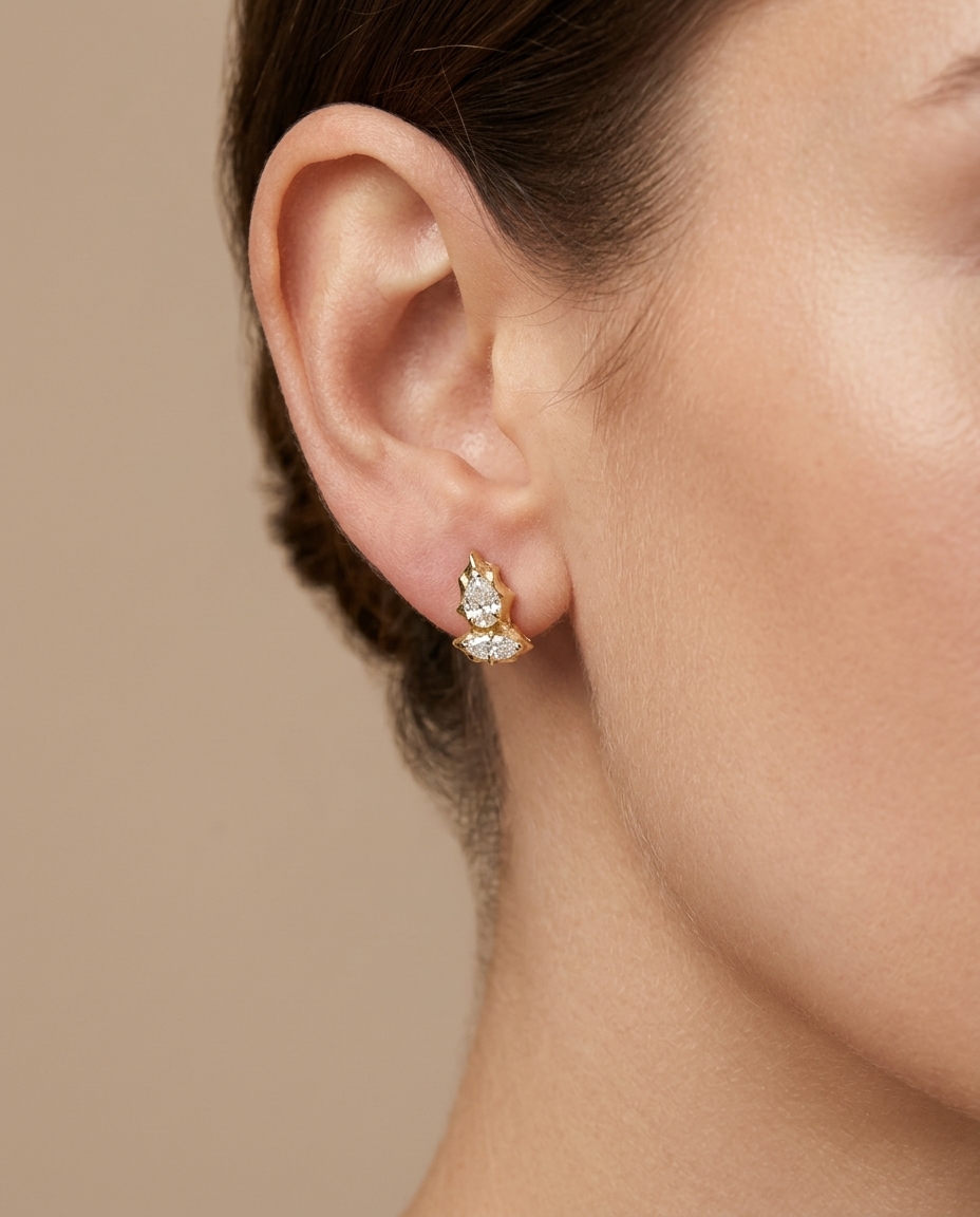 14KT Gold Diamond Earring Studs on model