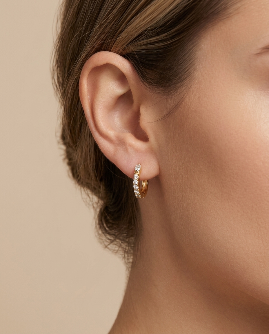 14KT Yellow Gold Diamond Huggies Earring on model