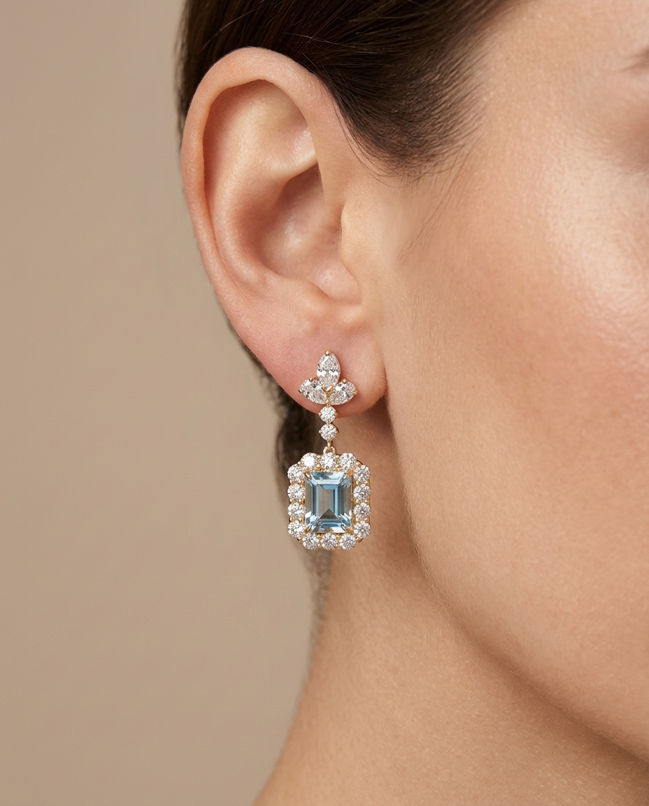 14KT Gold Aquamarine and Diamonds Earring on model