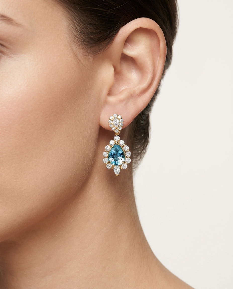 14KT Gold Aquamarine and Diamonds Earring on model