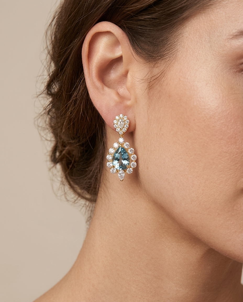 14KT Gold Aquamarine and Diamonds Earring view 2