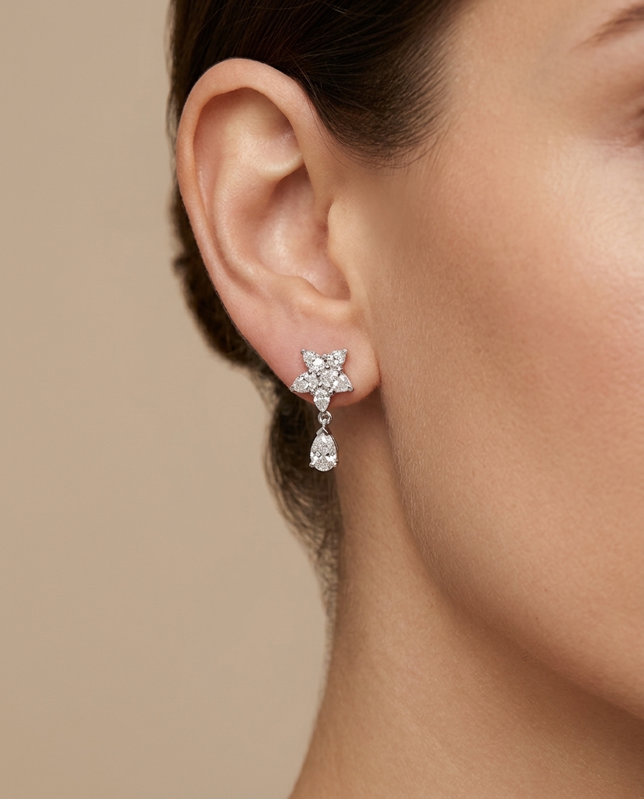 14KT White Gold Pear Round Cut Diamonds Flower Stud Earring on model