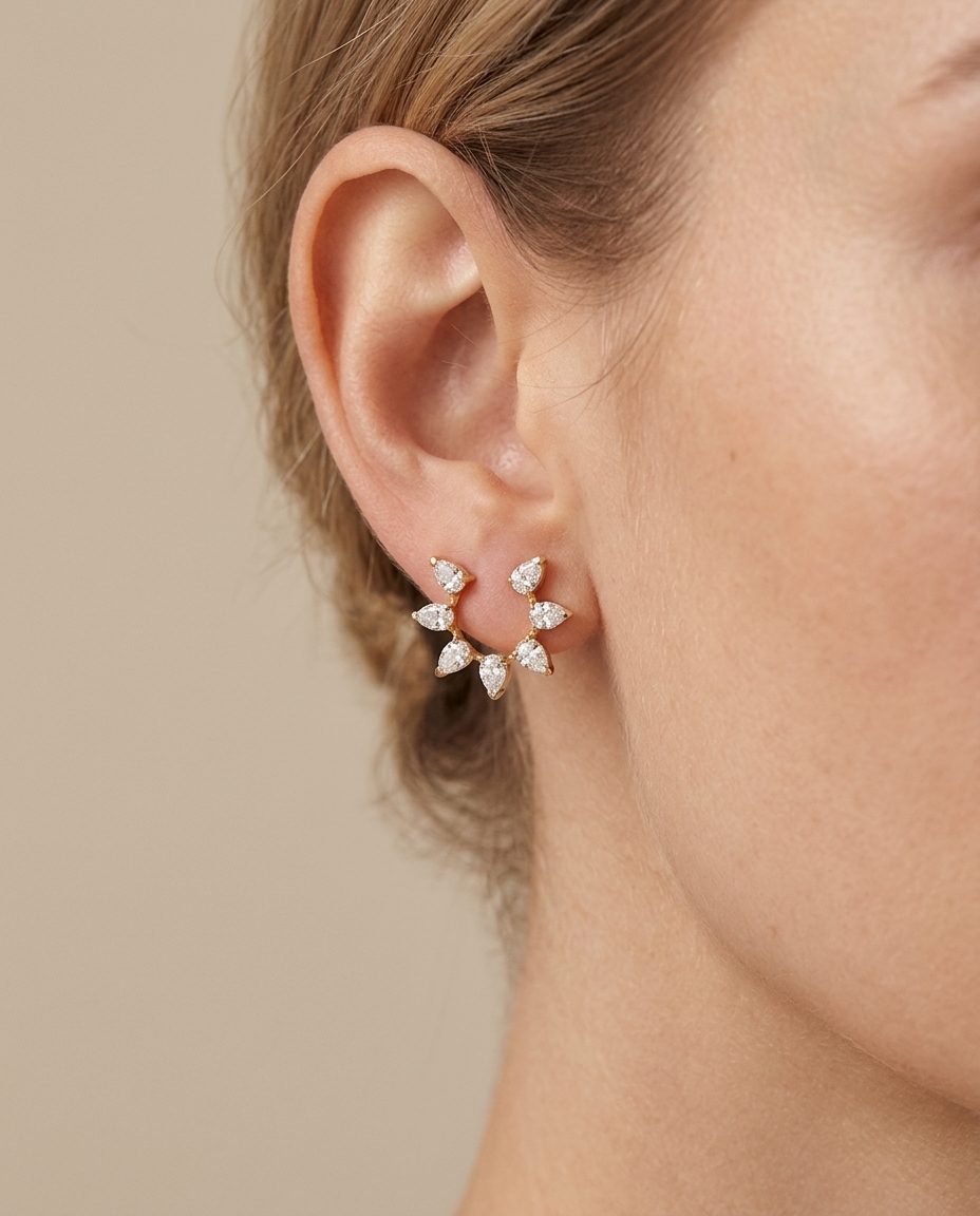 14KT Gold Pear Diamond Open Hoop Earrings on model