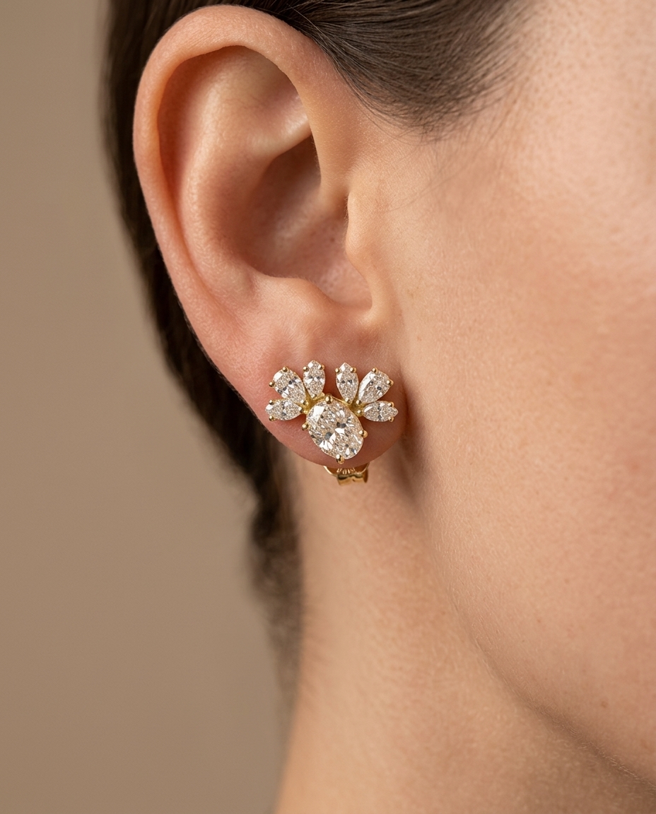14KT Gold Marquise Diamond Earring on model