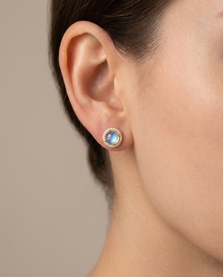 14KT Yellow Gold Rainbow Moonstone Diamond Earring on model