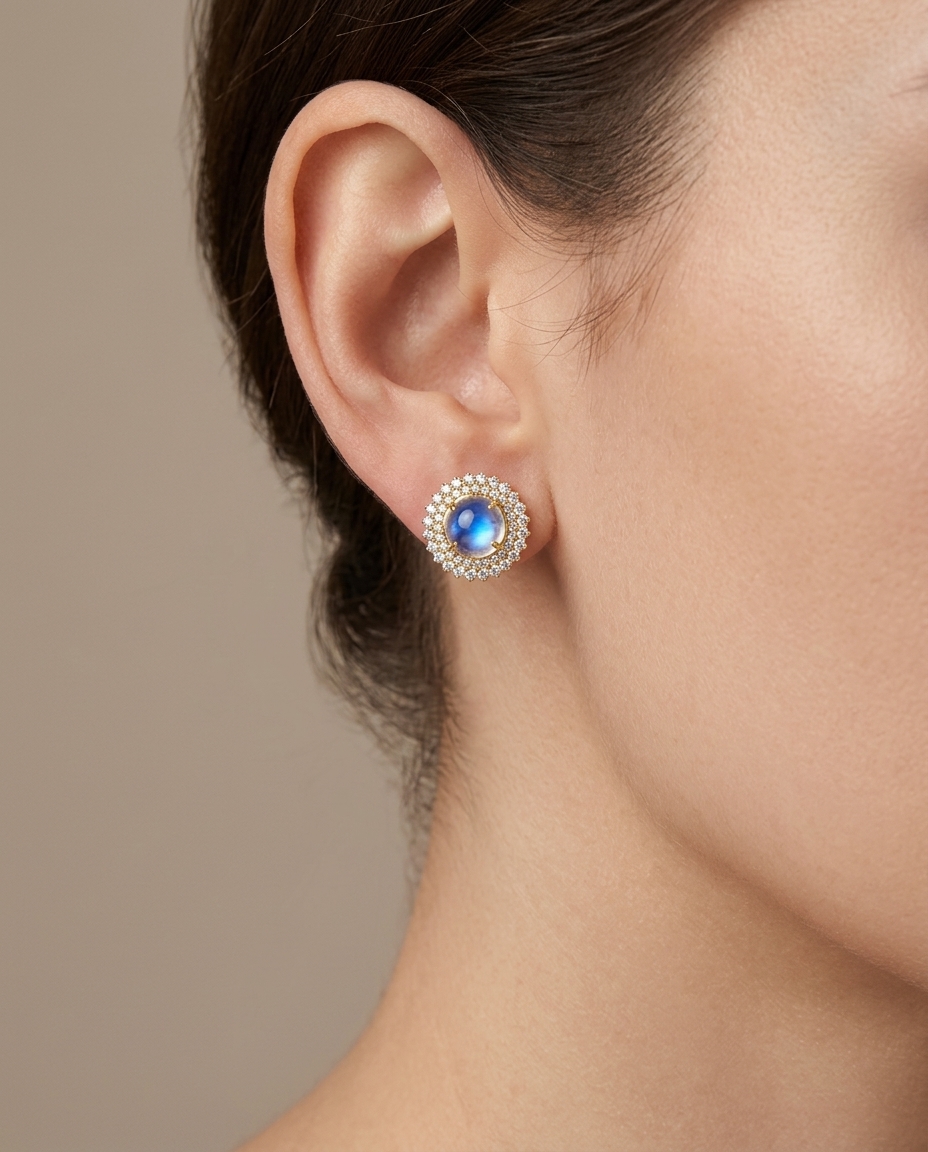 14KT Yellow Gold Rainbow Moonstone Diamond Earring on model