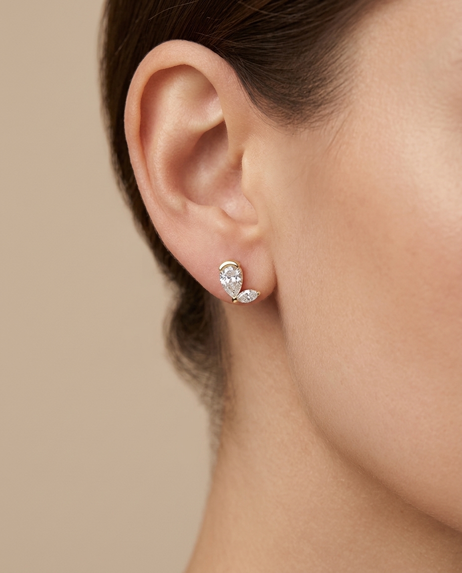 14KT Gold Diamond Earring Studs on model