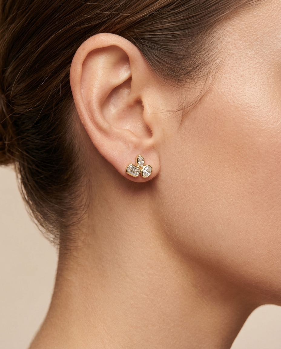 14KT Gold Diamond Earrings on model