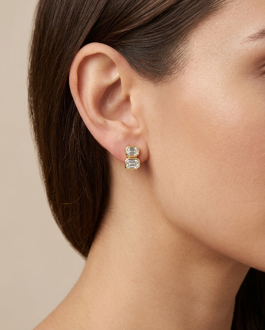 14KT Gold Diamond Earrings on model