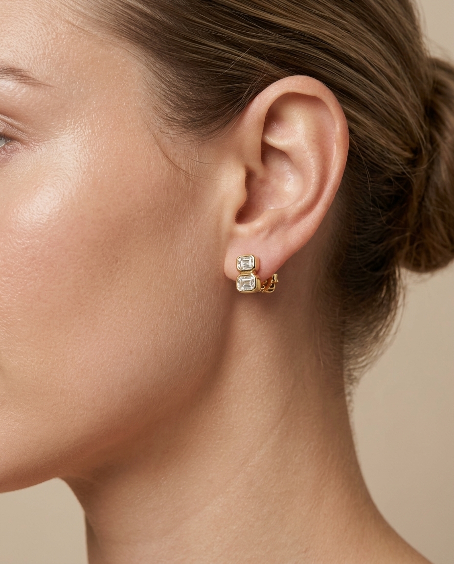 14KT Gold Diamond Earrings on model