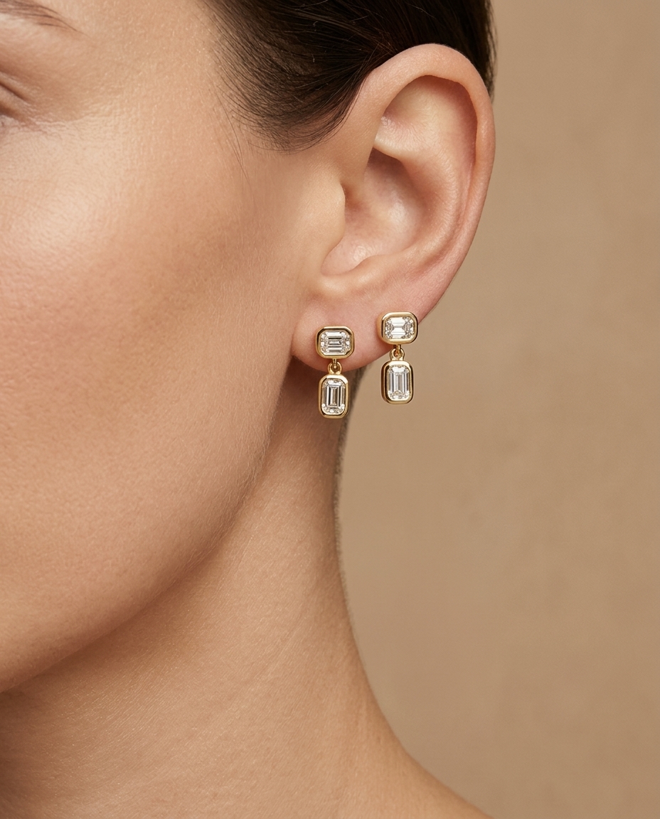 14KT Gold Diamond Dangling Earrings on model