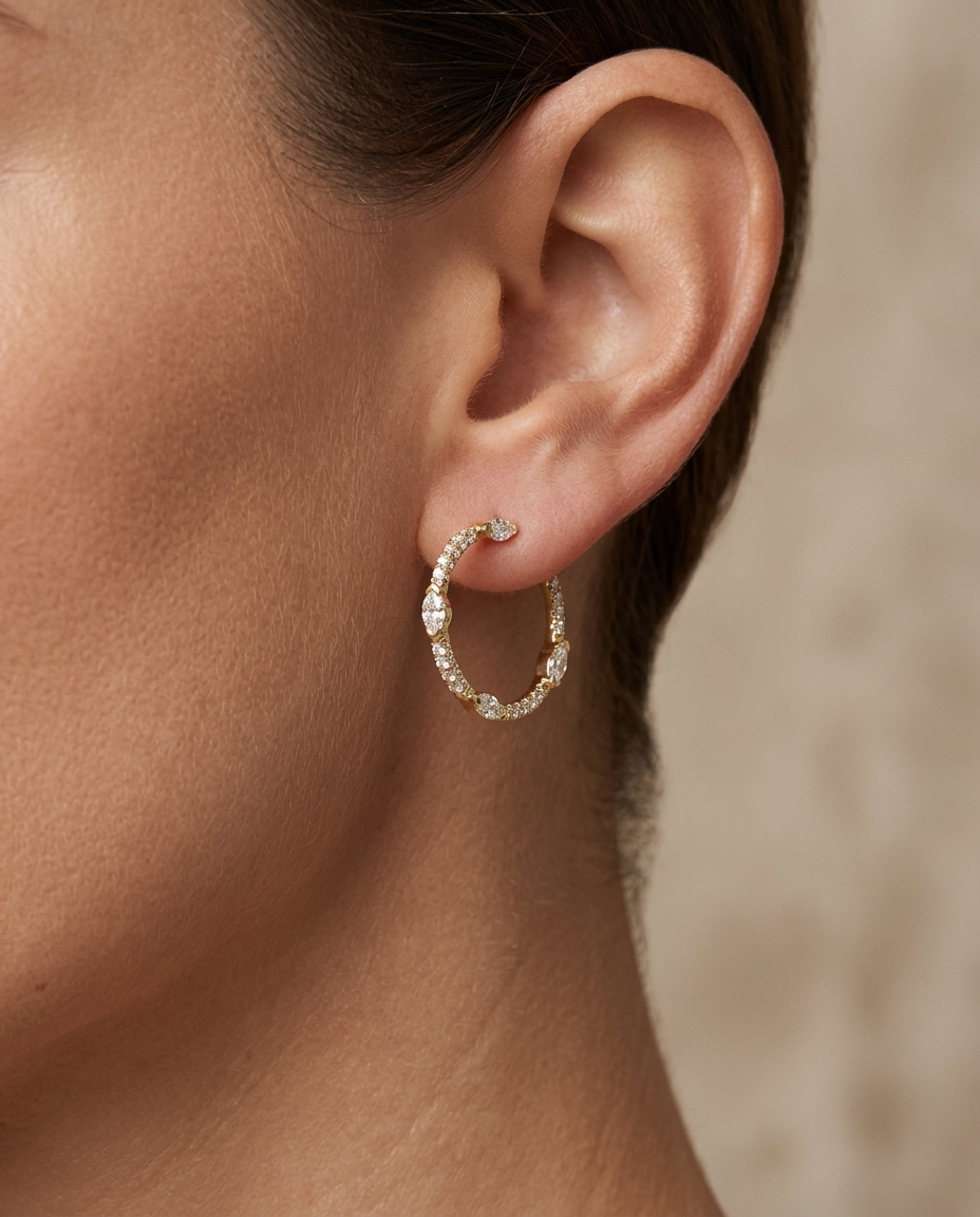 14KT Gold Diamond Earrings on model