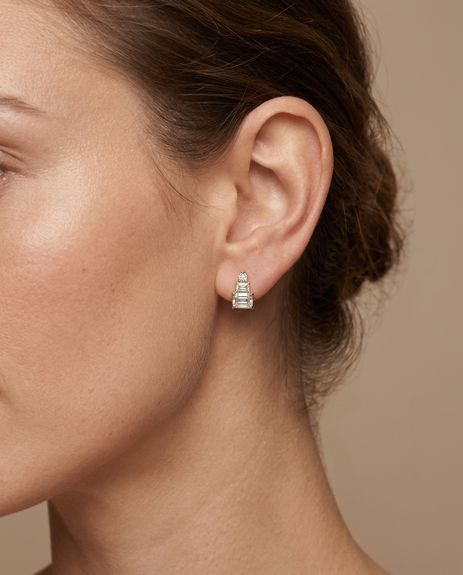 14KT Gold Diamond Earring Studs on model