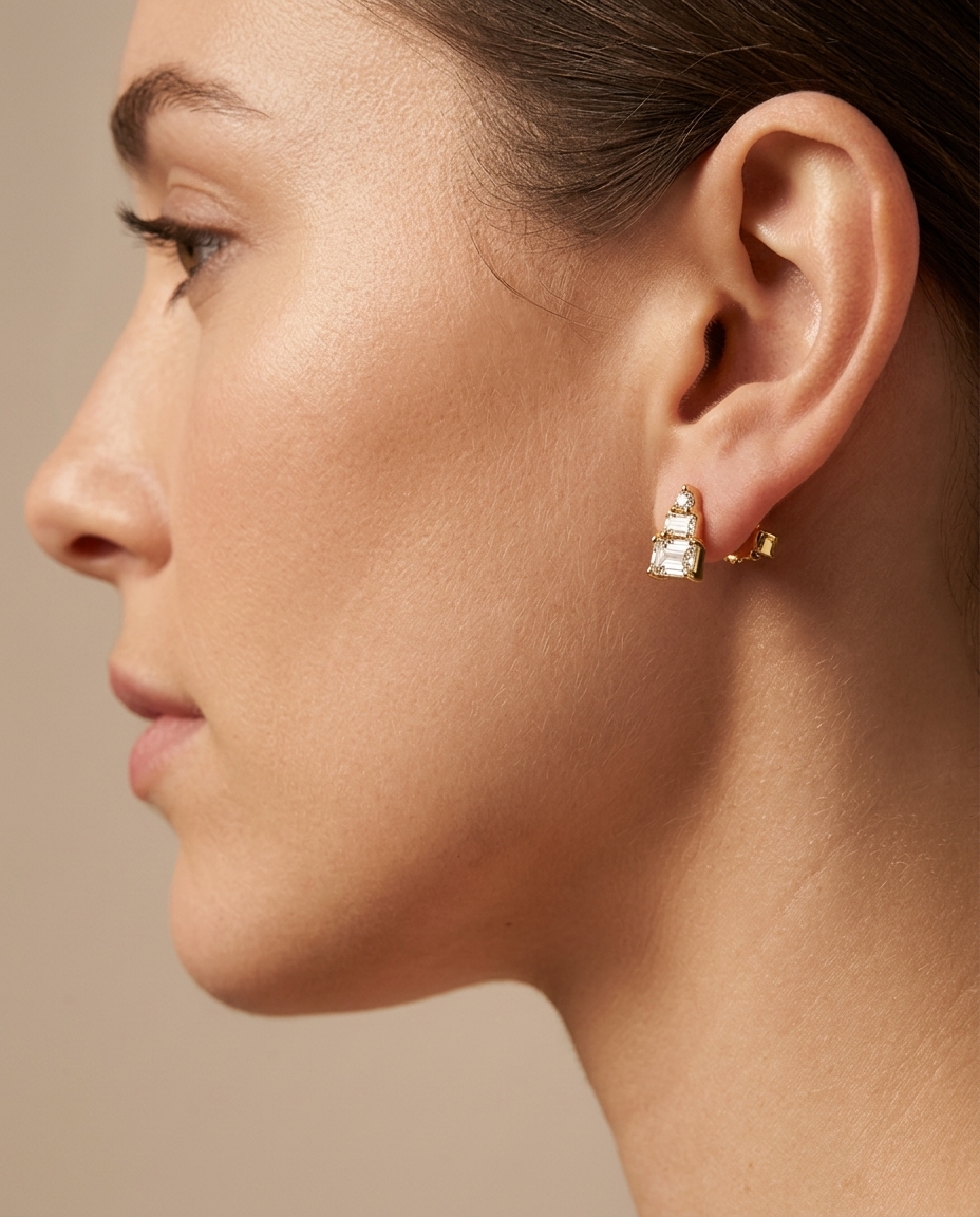 14KT Gold Diamond Earring Studs on model