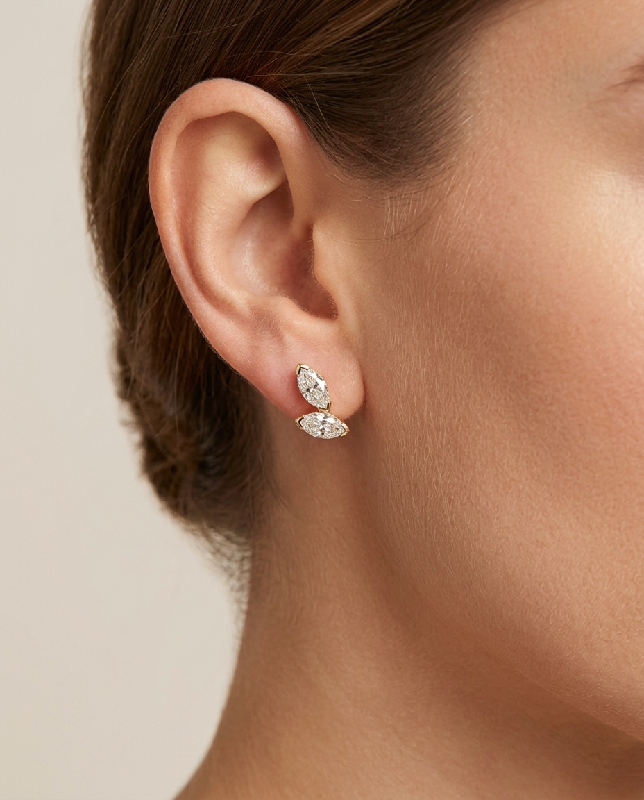 14KT Gold Marquise Diamond Earring Studs on model