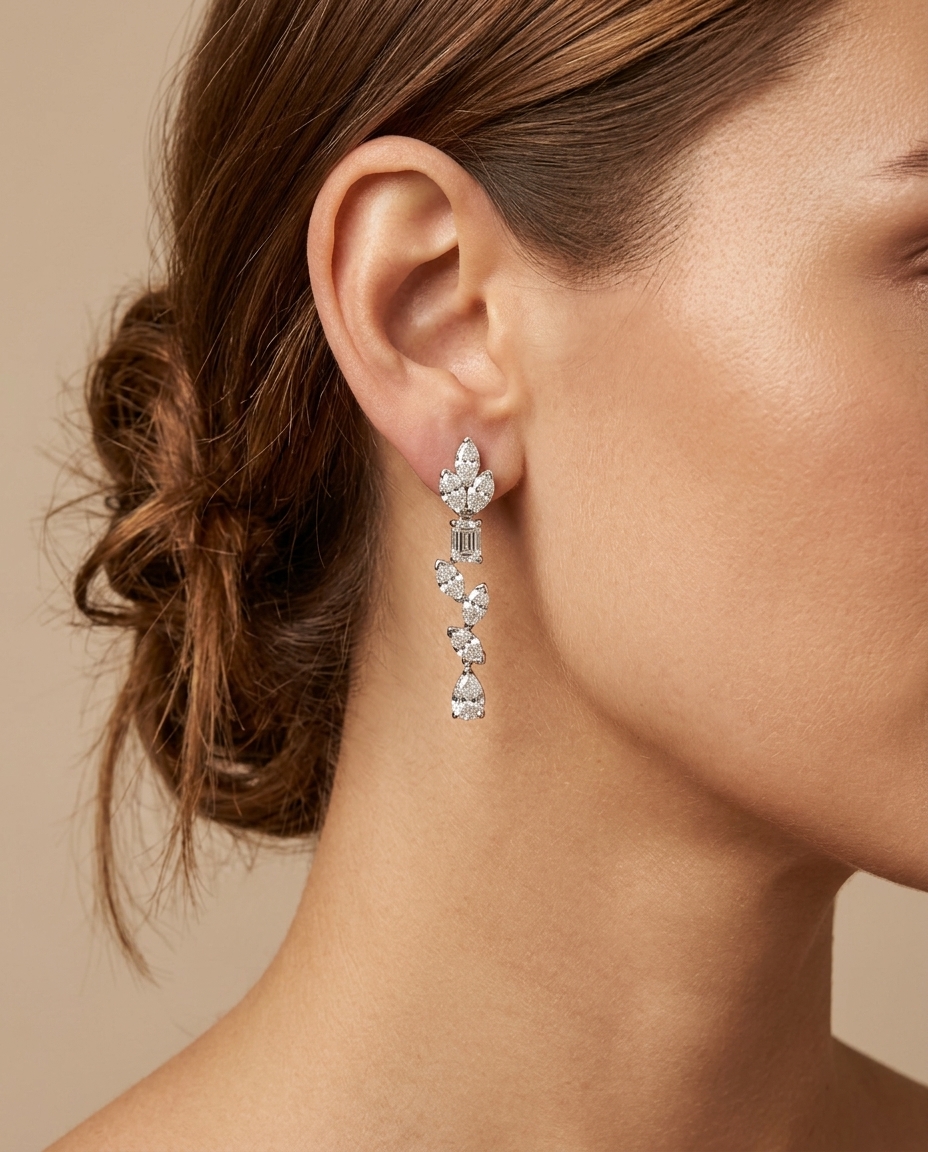 14KT White Gold Diamond Dangling Earring on model