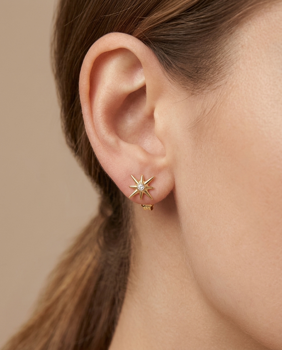 14KT Yellow Gold Diamond Star Earring on model