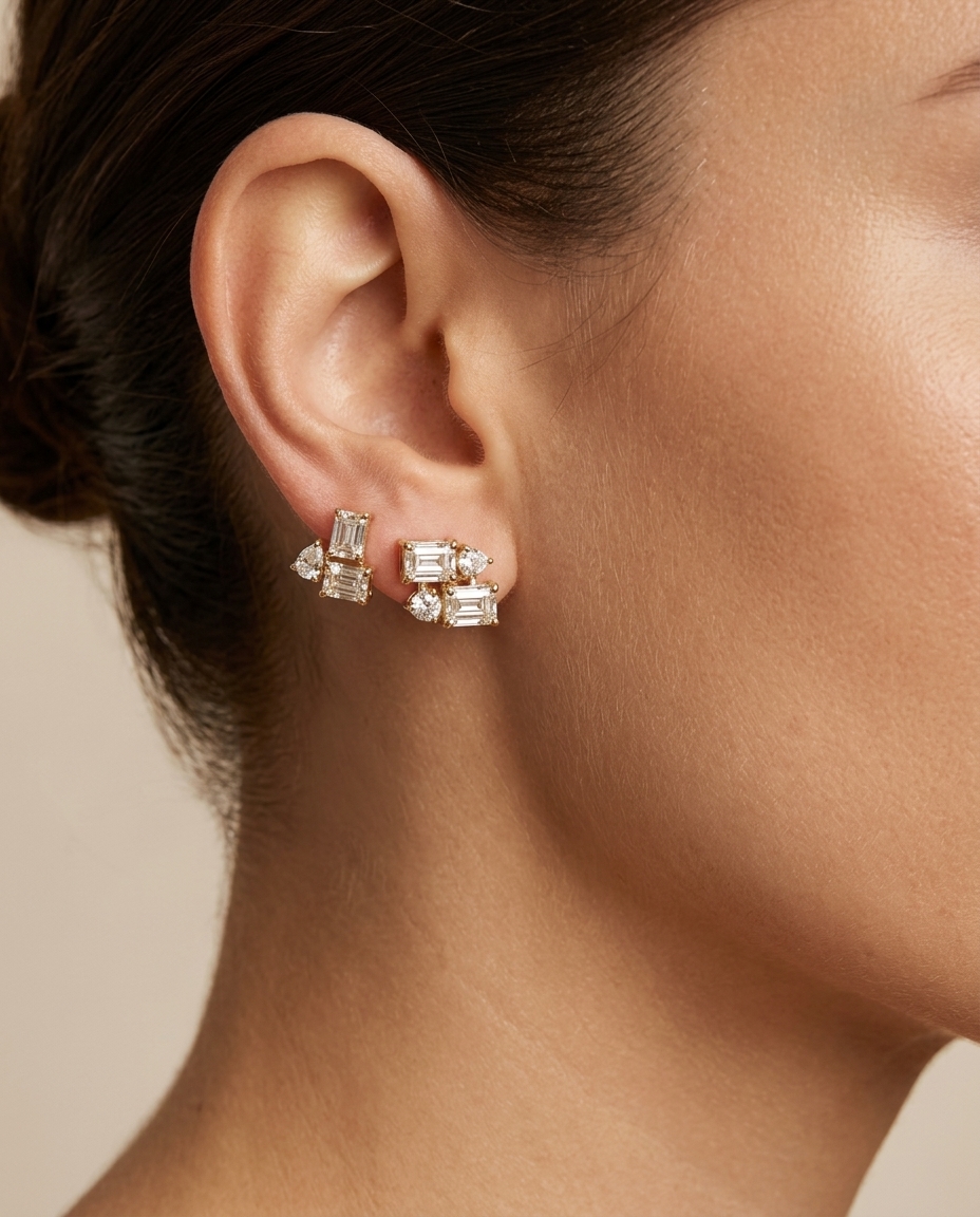14KT Gold Diamond Earring on model