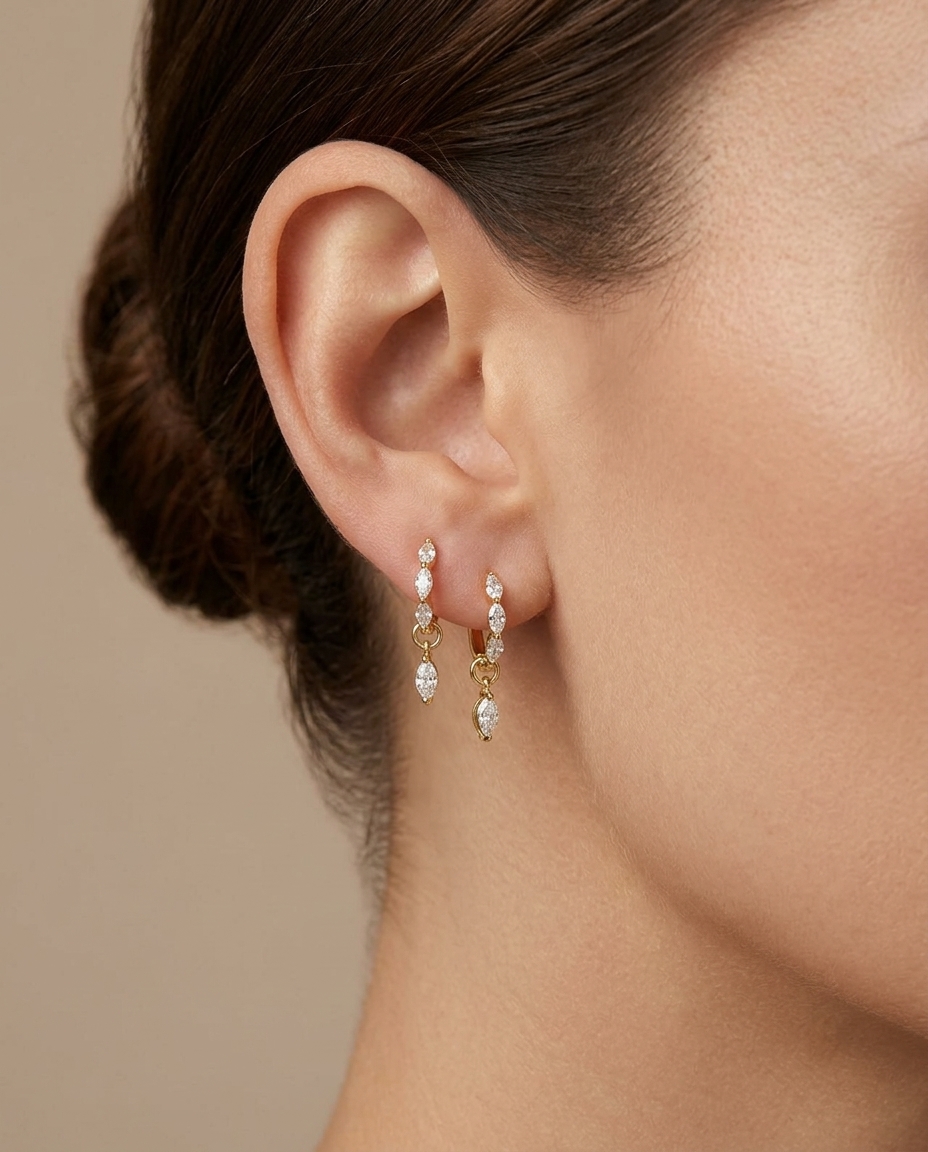 14KT Yellow Gold Diamond Dangling Hoop Earring on model