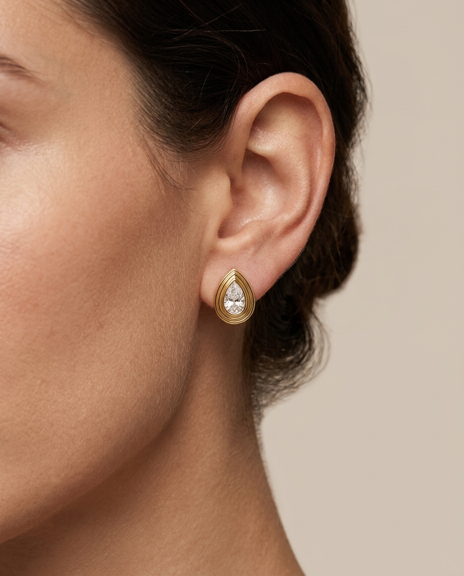14KT Yellow Gold Pear Diamond Bezel Earring Studs view 2