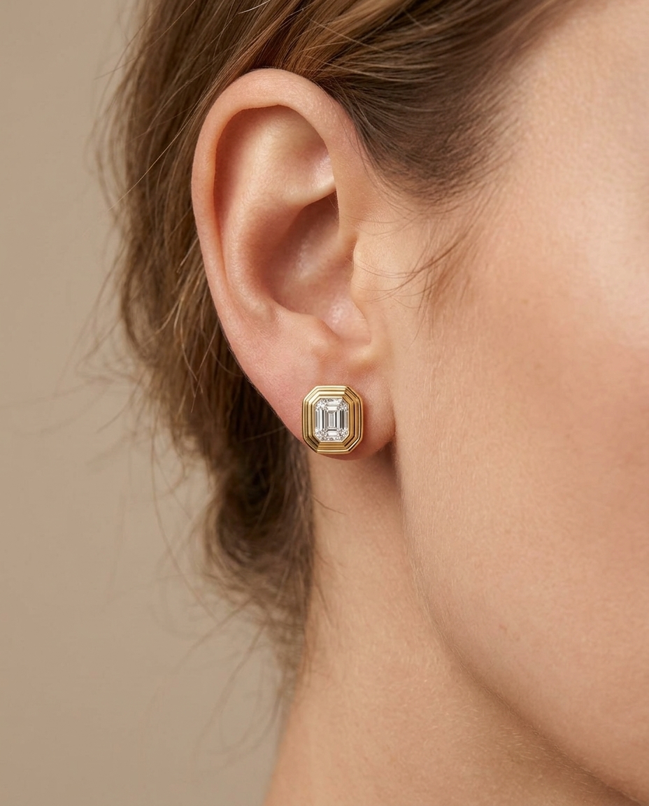 14KT Yellow Gold Radiant Diamond Bezel Earring Studs on model