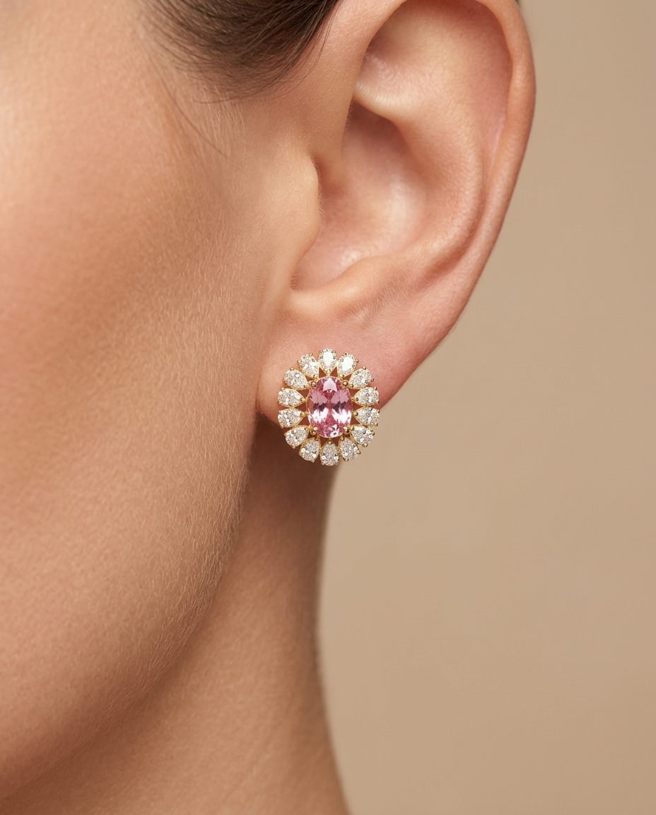 14KT Gold Morganite and Diamonds Earring on model