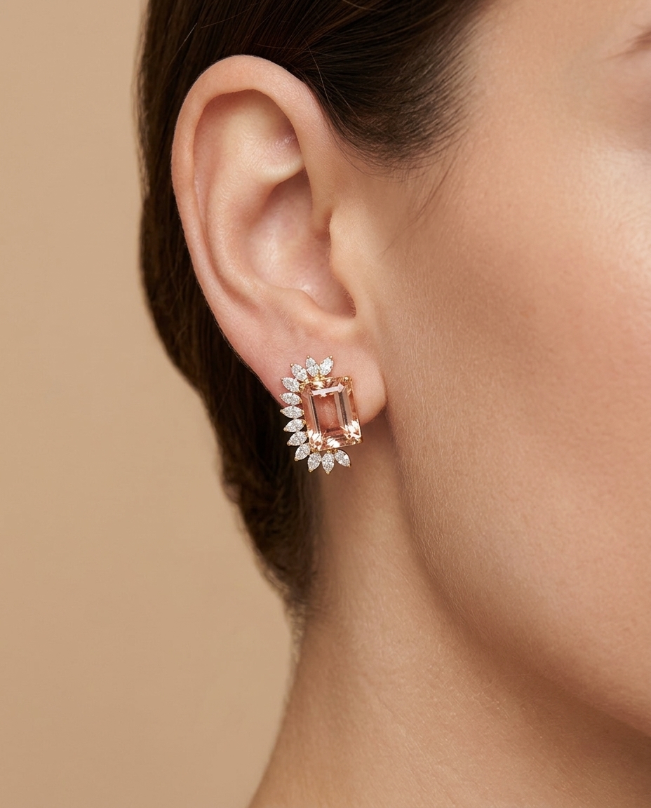 14KT Yellow Gold Morganite and Diamonds Earring view 2