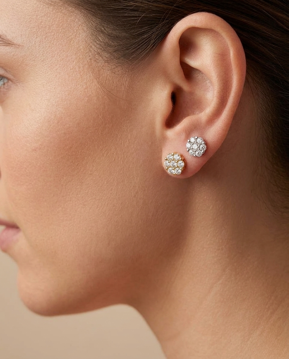 14KT Gold Flower Diamond Earring on model