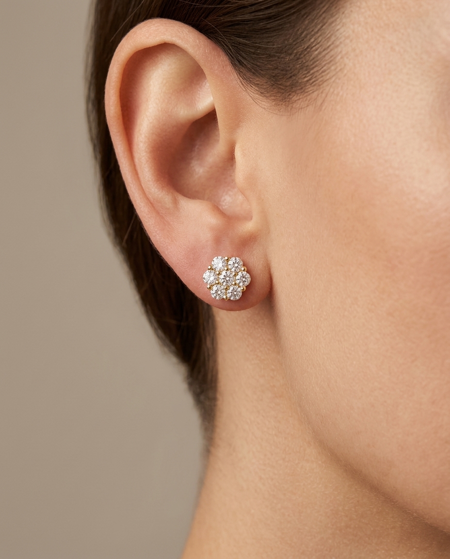 14KT Gold Flower Diamond Earring on model