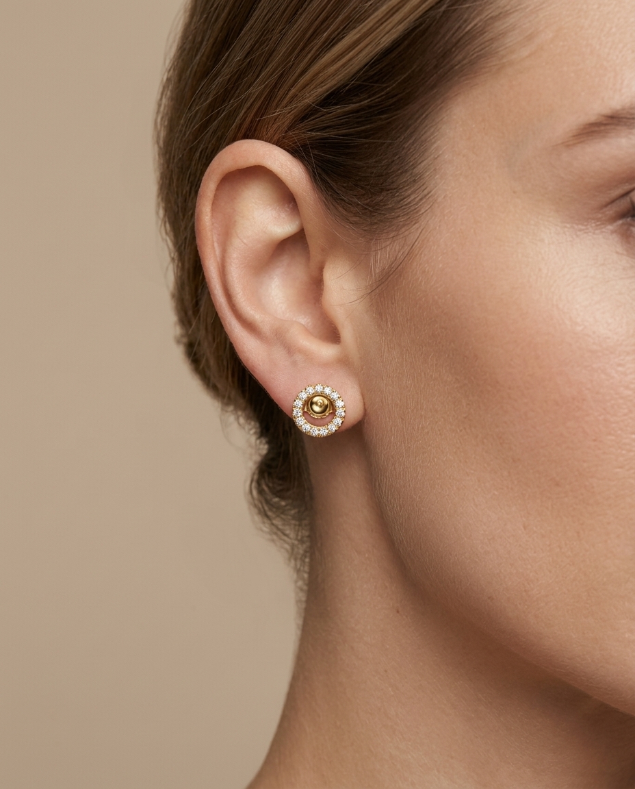 14KT Gold O Diamond Earring on model