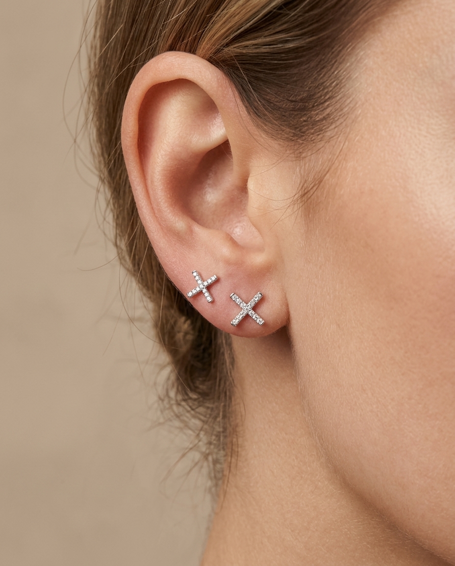 14KT White Gold X Diamond Earring view 2