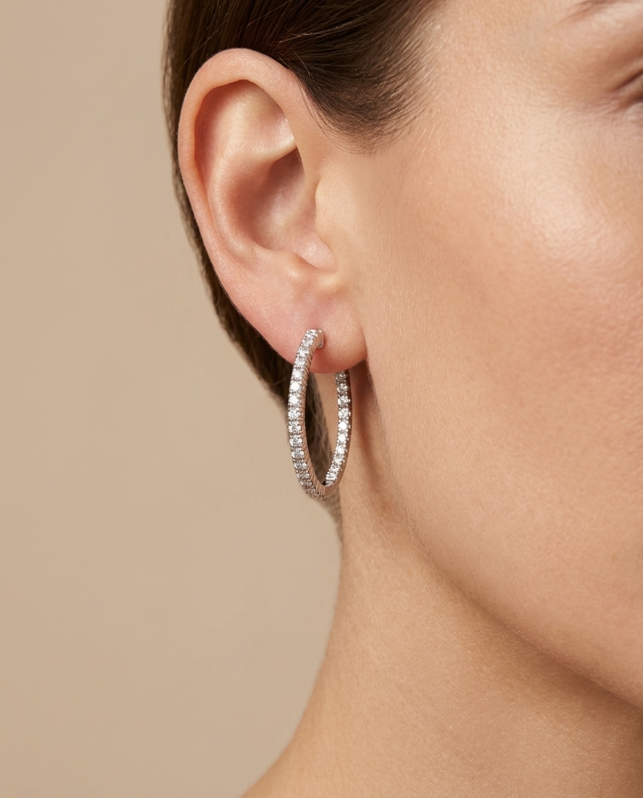 14KT White Gold Diamond Hoop Earring on model