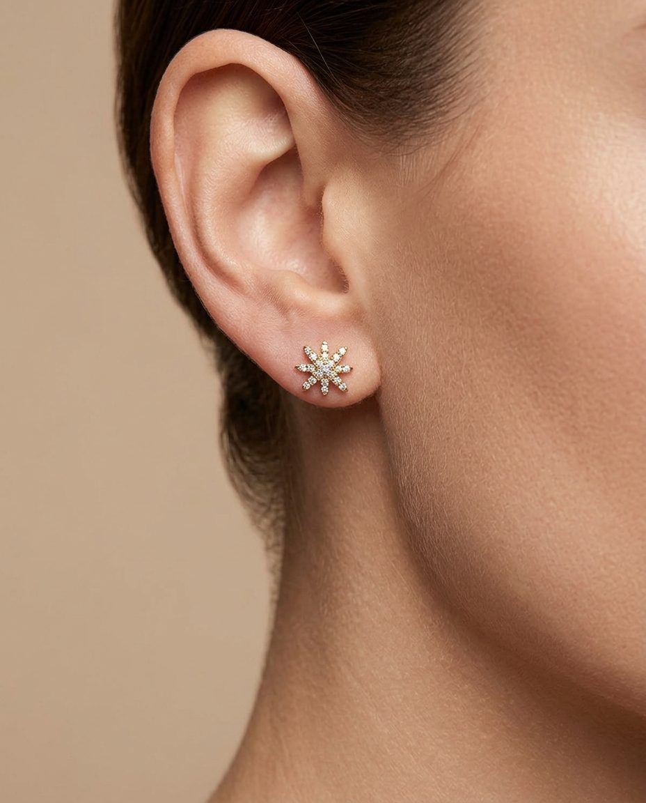 14KT Gold Starburst Diamond Earring Studs on model