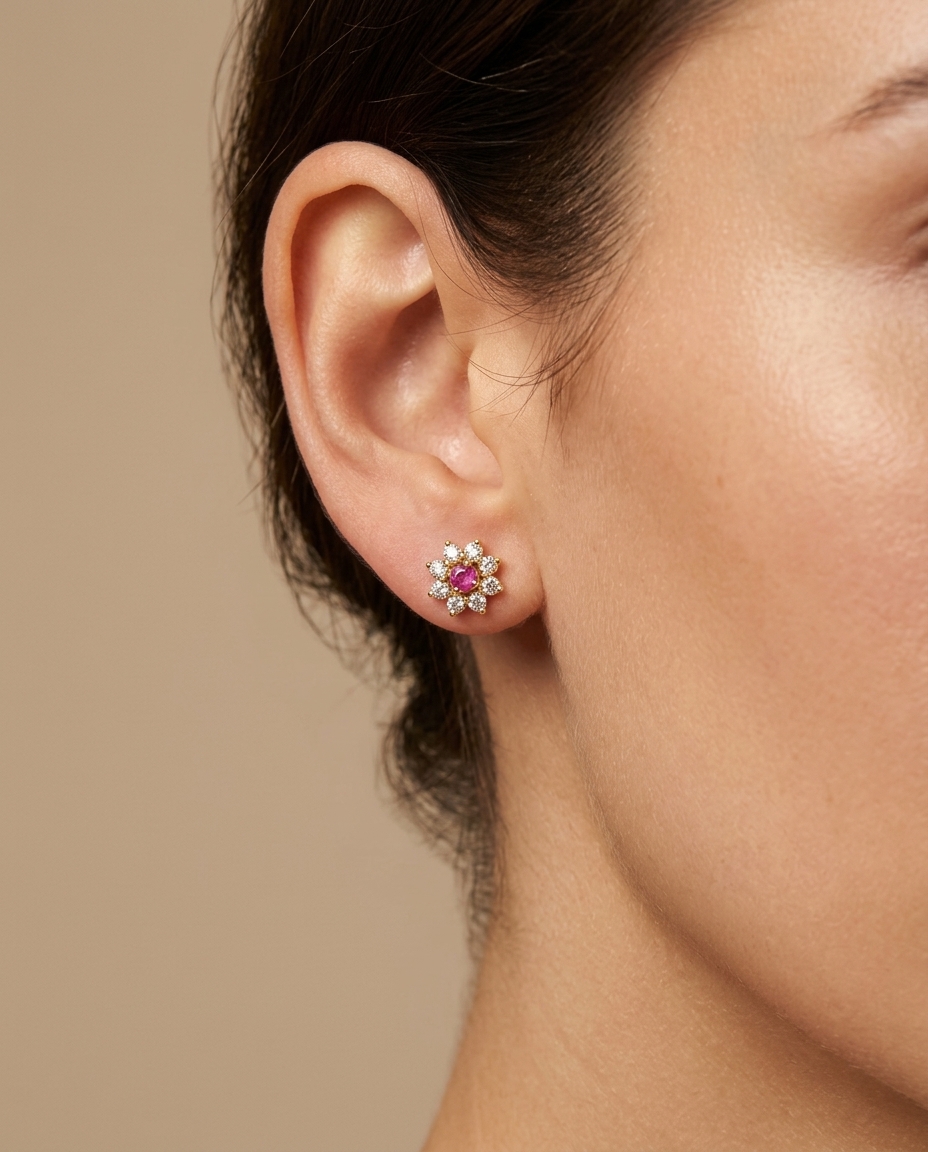 14KT Gold Ruby and Diamonds Earring on model