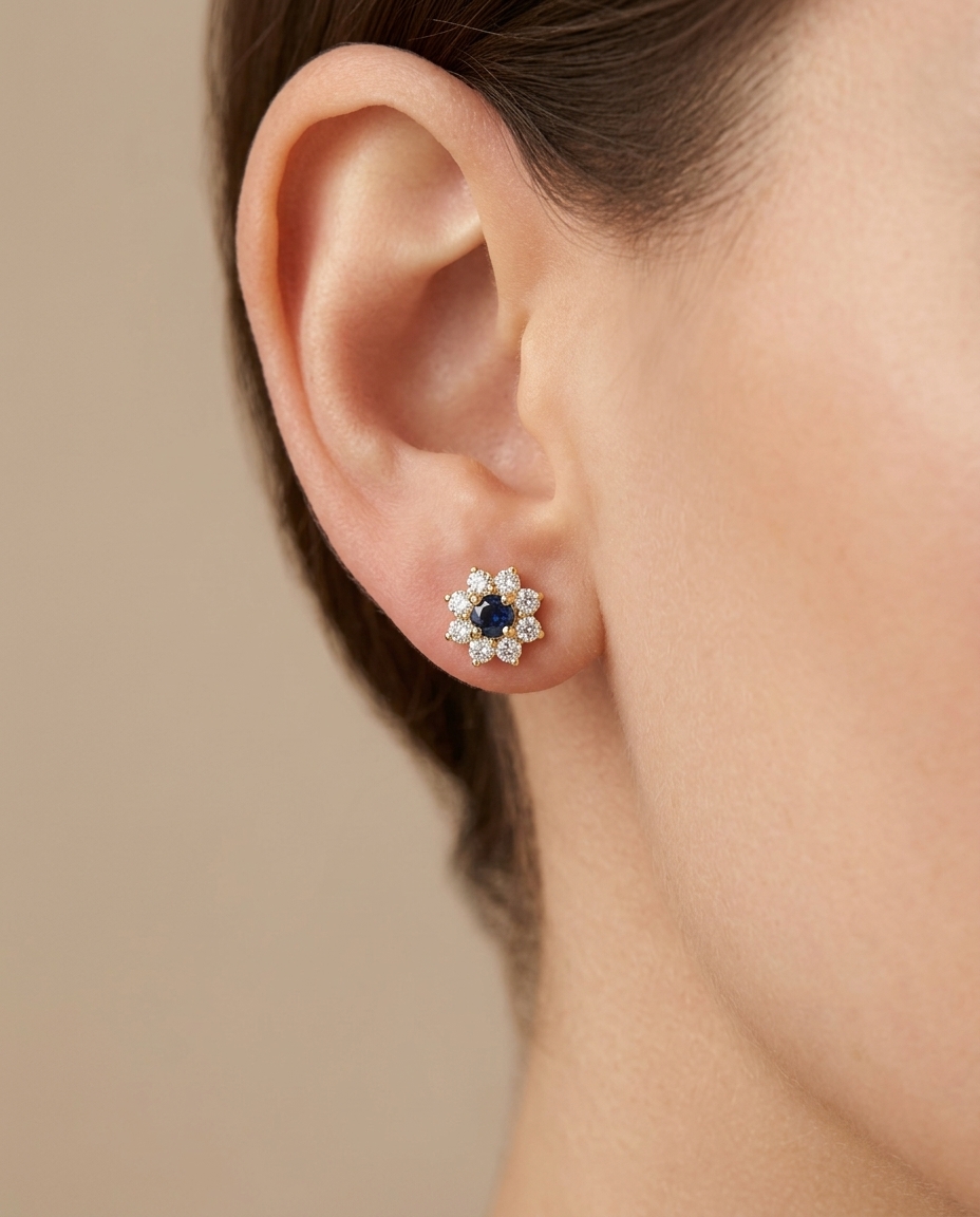 14KT Gold Blue Sapphire and Diamonds Earring view 2