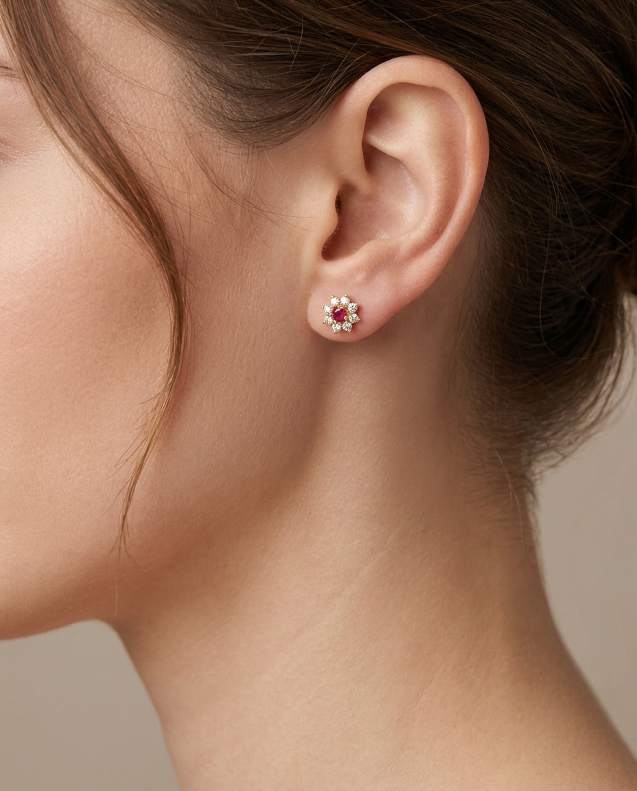 14KT Gold Ruby and Diamonds Earring on model
