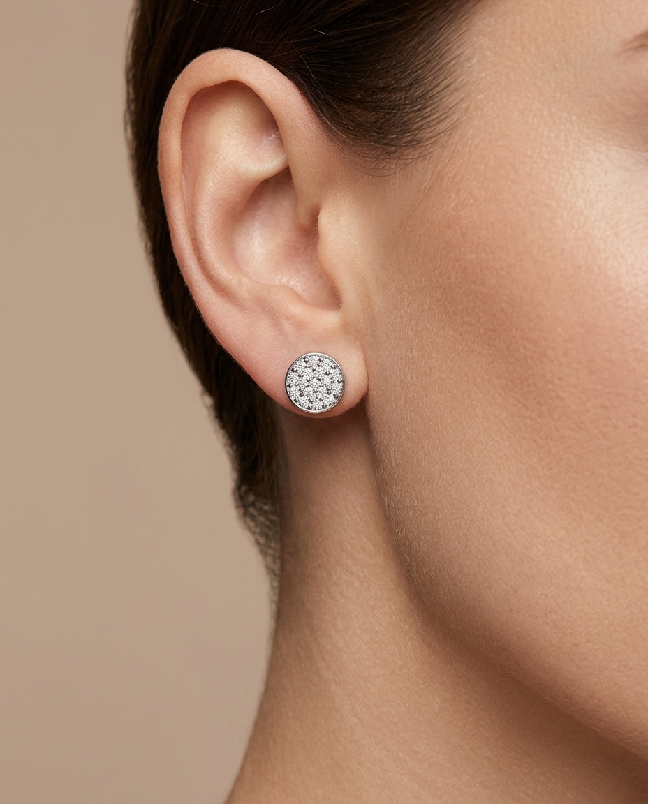 14KT Gold Diamond Round Disk 7.5 MM Ear Studs on model