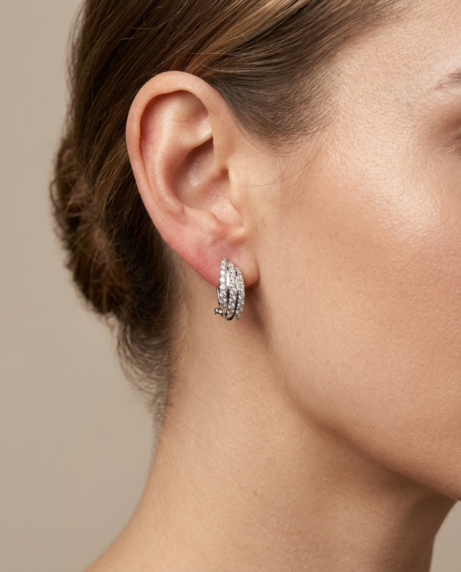 14KT White Gold Diamond Hoop Earring on model