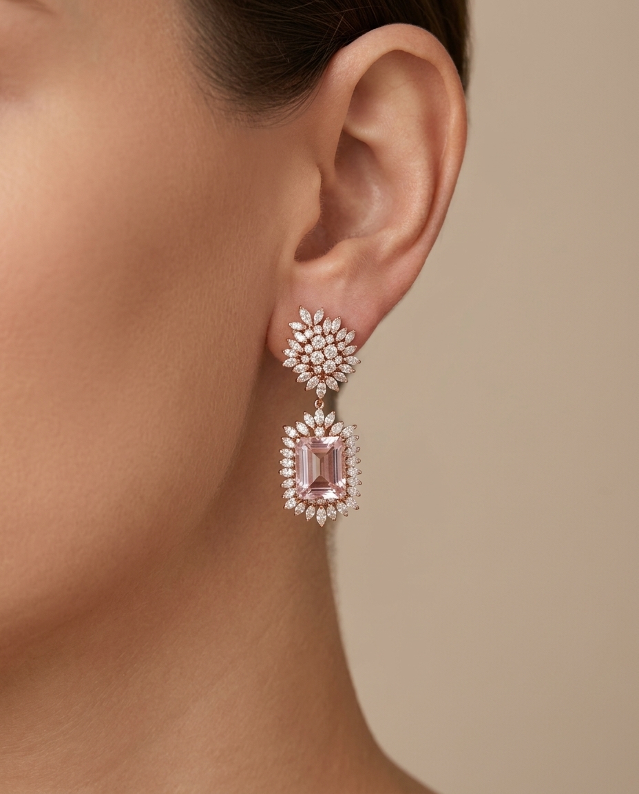 14KT Rose Gold Morganite and Diamonds Earring view 2