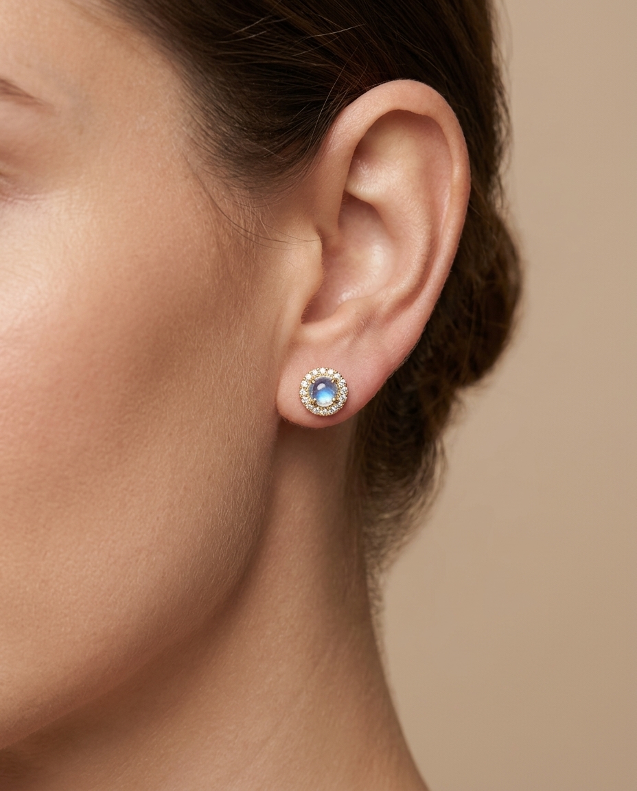 14KT Gold Aquamarine and Diamond Earring on model