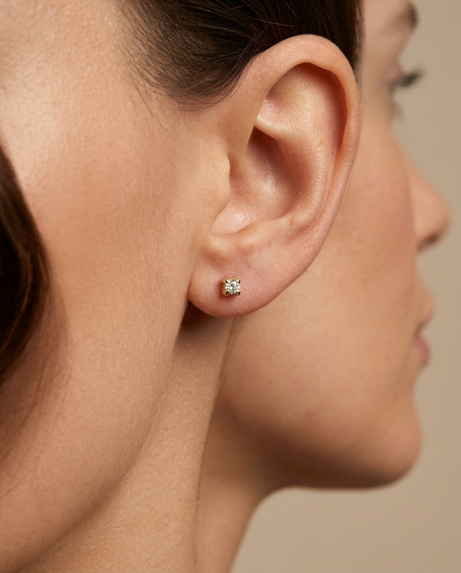 14KT Gold Diamond Square Earing on model