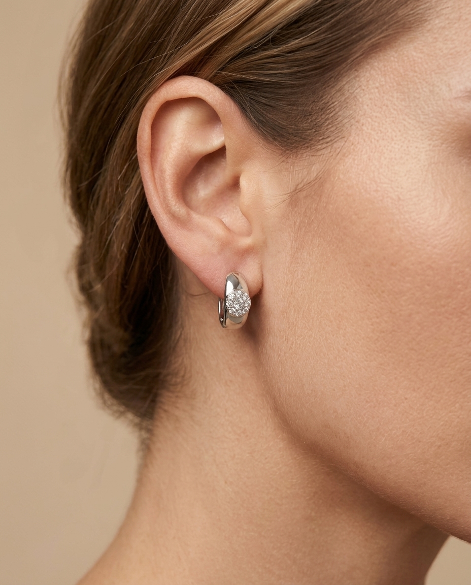 14KT White Gold Diamond Hoop Earring on model